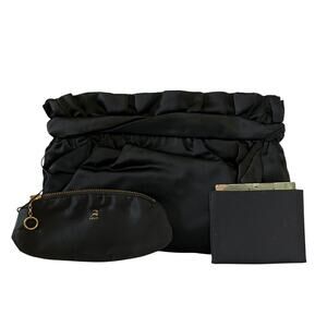 Vintage Koret Black Pleated Satin Clutch Evening Bag with Mirror and Coin Purse